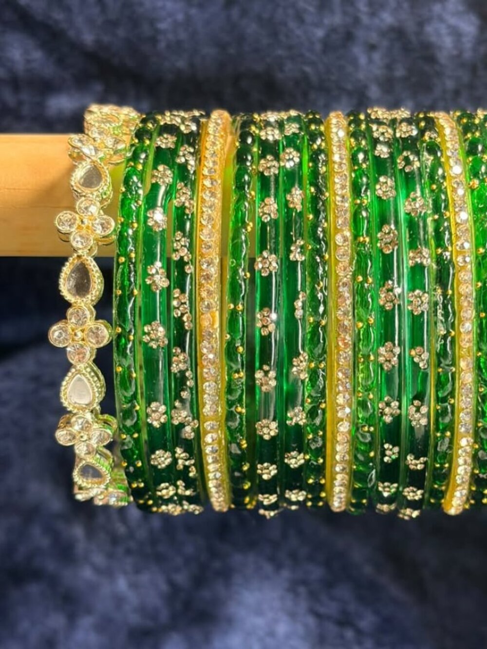 Women's Emerald Green & Gold-Toned Mixed Bangle Set | Stackable Rhinestone Ethni